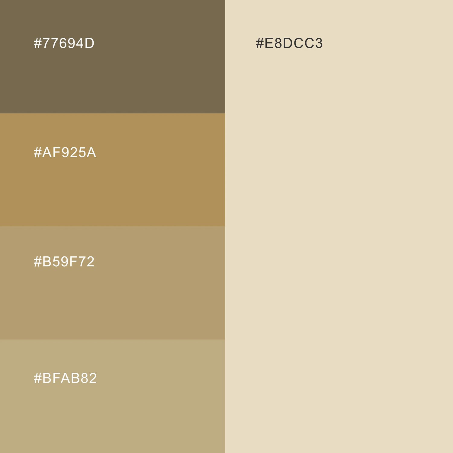 The palette: olive#77694D, bronze#AF925A, sand#B59F72 and#BFAB82, and cream#E8DCC3