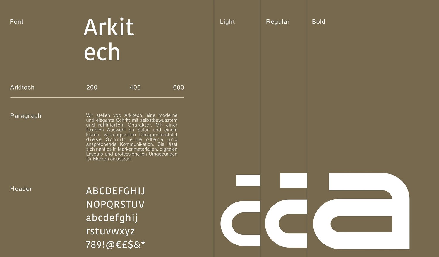 Arkitech in light, regular and bold, with the alphabet and a sample paragraph on olive