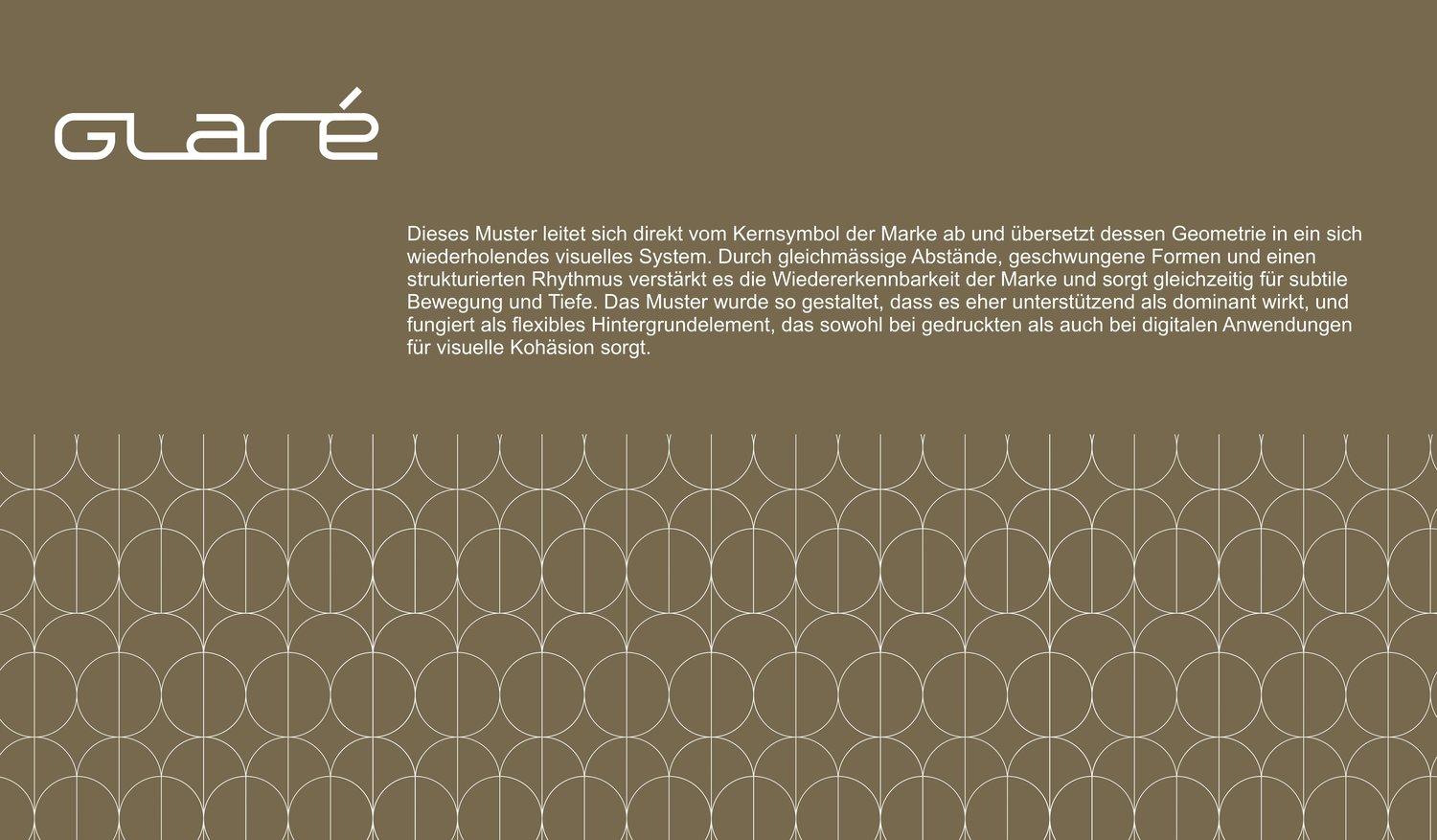 The pattern of arcs and vertical lines below the wordmark on olive, beside a paragraph on how it derives from the logo