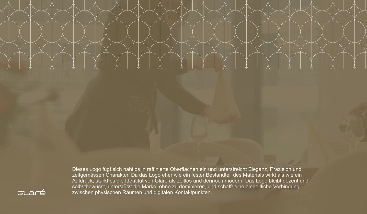 The pattern in cream over a blurred photograph of a waiter folding a napkin, beside a paragraph on the logo as part of the material