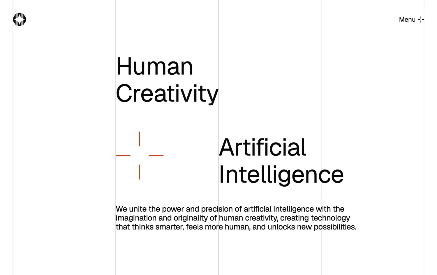 Human Creativity and Artificial Intelligence on different columns of the grid, joined by the orange plus, with one sentence beneath on what the two do together