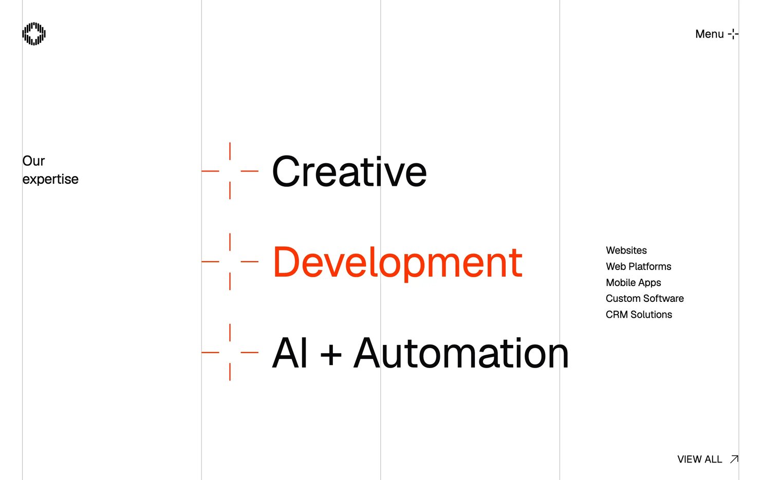 Our expertise: Creative, Development and AI + Automation, each beside a plus, with Development in orange and its services listed on the right