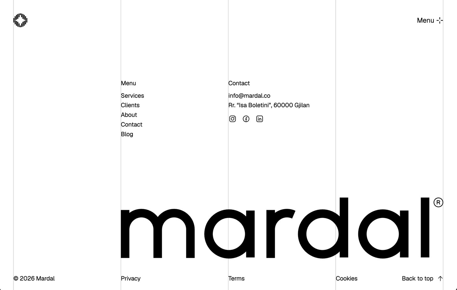 The footer: the menu and contact details on the grid's columns, the mardal wordmark set large across them, and Privacy, Terms, Cookies and Back to top along the bottom