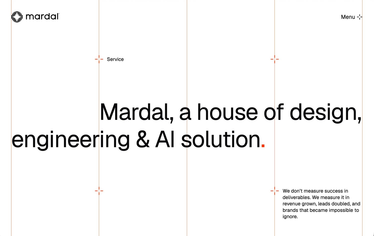 The Services page: its headline, Mardal, a house of design, engineering & AI solution, set large across orange grid lines marked with small pluses