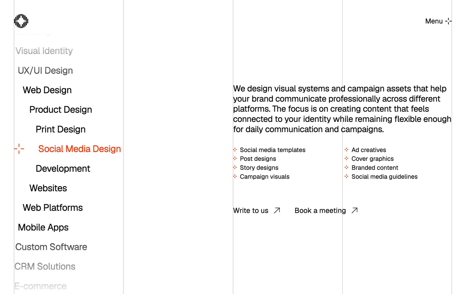 The services list curving like a wheel, Social Media Design in focus in orange with the plus beside it, and on the right its description, deliverables, Write to us and Book a meeting