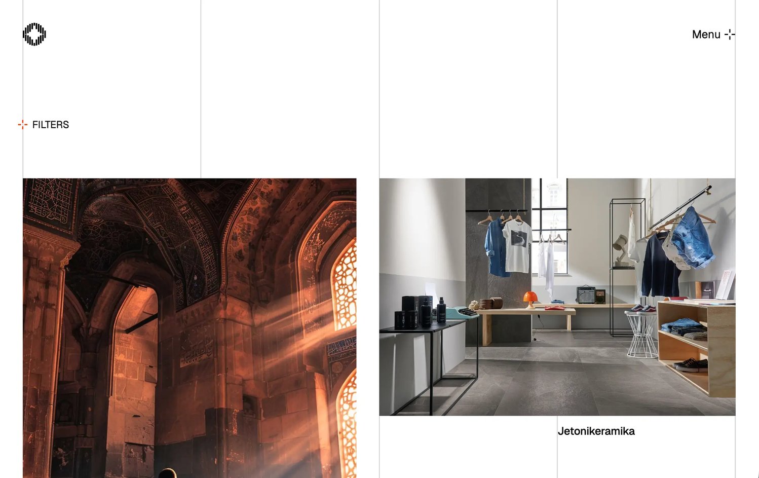 The Clients page: FILTERS beside an orange plus, above the case studies shown as large images, one of them Jetonikeramika