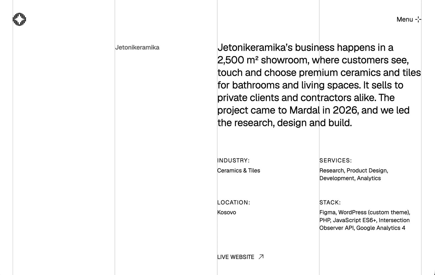 The case study's introduction on the grid: a paragraph on Jetonikeramika, then Industry, Services, Location and Stack, and a link to the live website