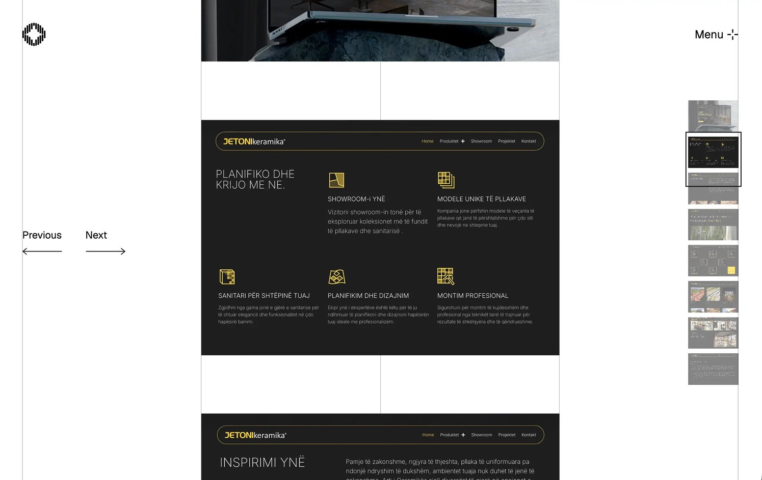 The case study's images: screens of the Jetonikeramika website in the middle columns, Previous and Next on the left, and on the right a column of thumbnails with a frame on the one in view