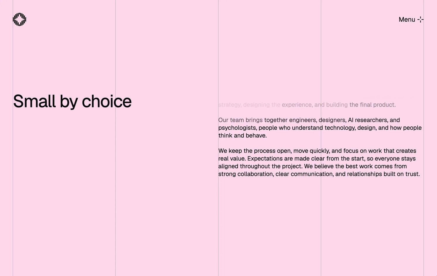 The About page on pink: Small by choice beside the text on the team, its first lines fading out at the top