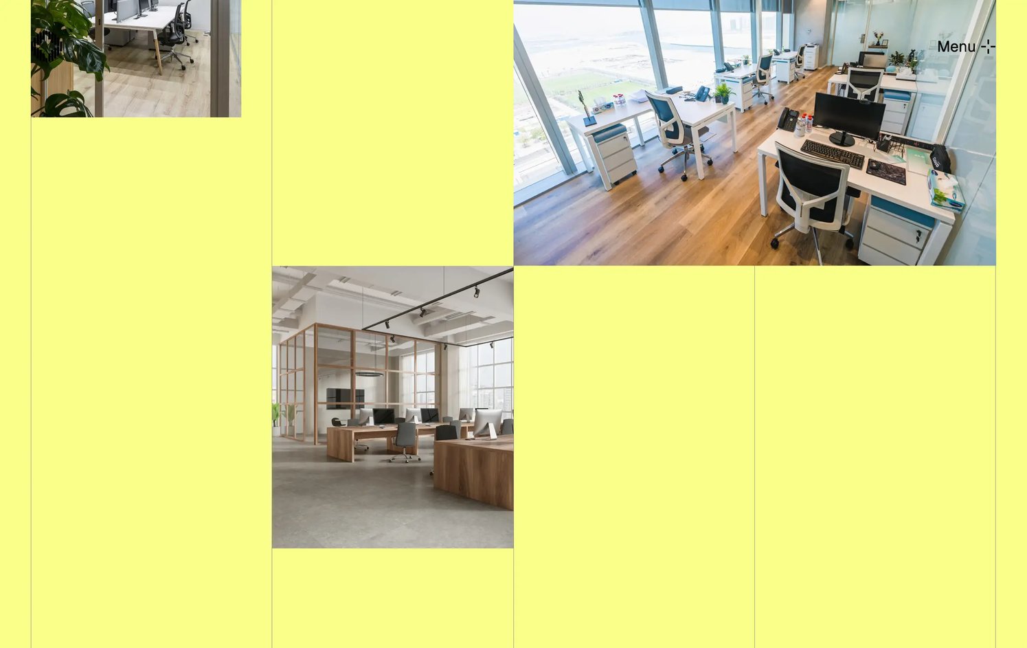 The About page on yellow: photographs of offices placed across the grid's columns