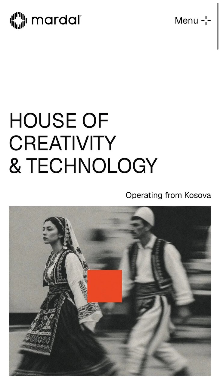 The home page on a phone: HOUSE OF CREATIVITY & TECHNOLOGY above the photograph of the woman and the man in traditional Albanian dress, with the orange square between them