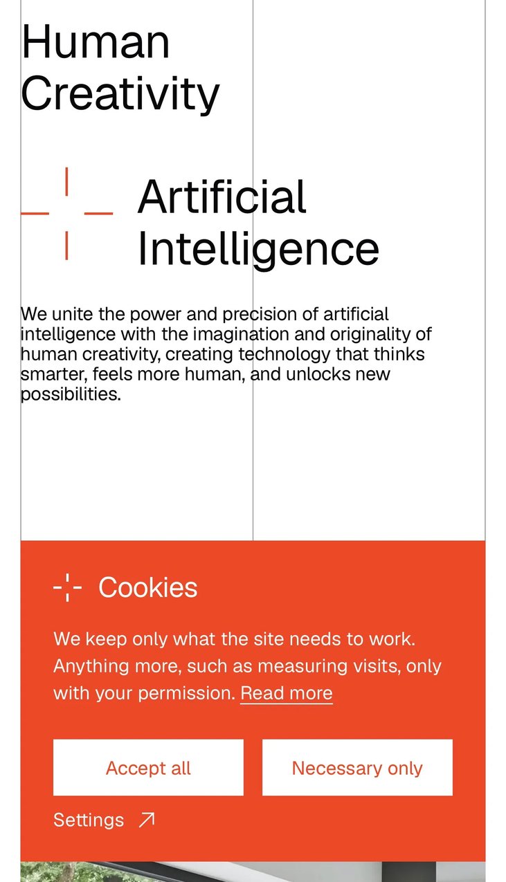 Human Creativity and Artificial Intelligence on a phone, joined by the orange plus, above the cookie notice on orange with Accept all, Necessary only and Settings