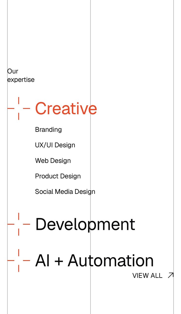 Our expertise on a phone: Creative in orange with its services listed beneath, then Development and AI + Automation
