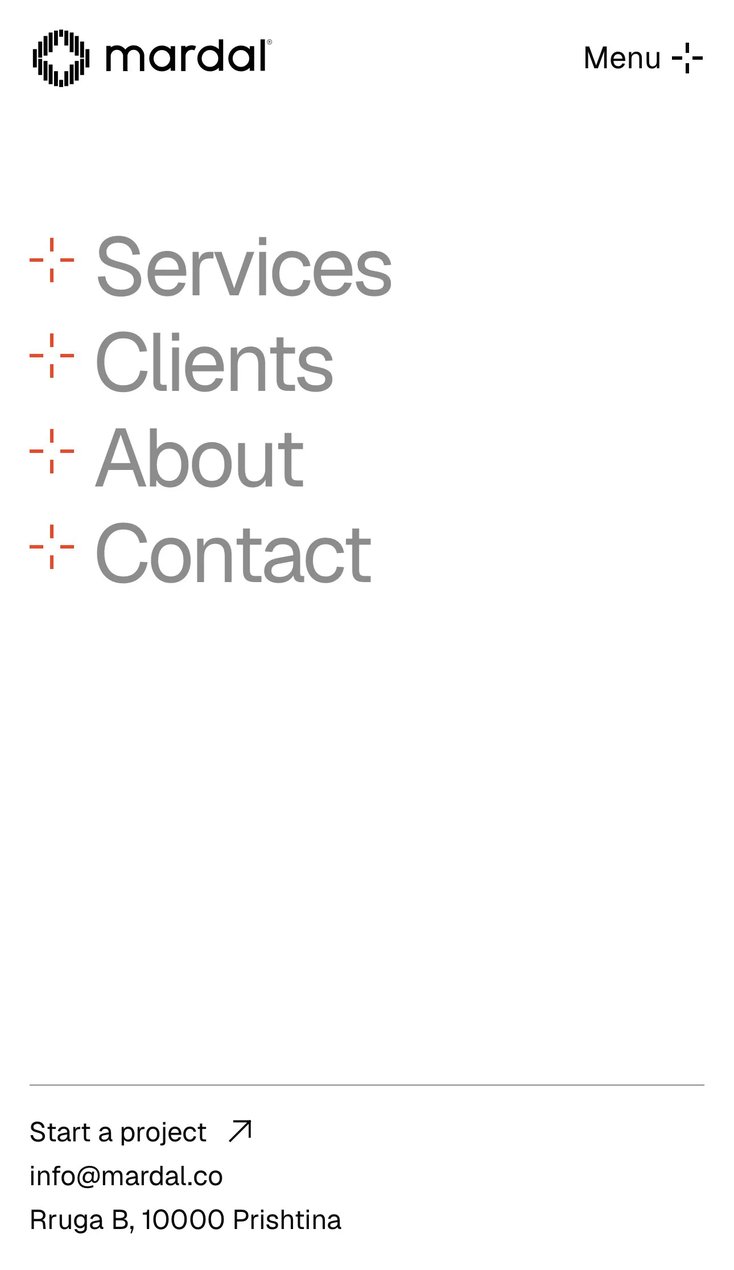 The menu on a phone: Services, Clients, About and Contact set large, each with the orange plus, and Start a project, the email and the address at the foot