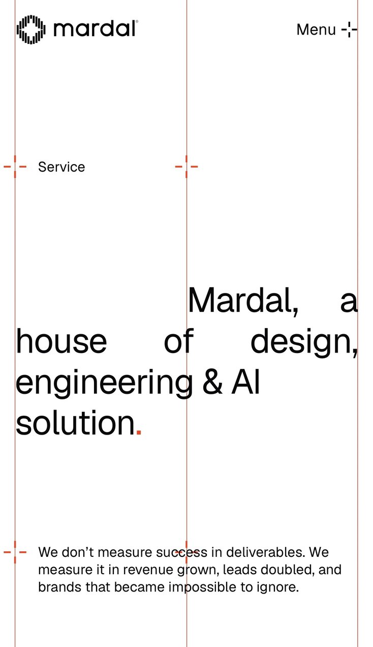 The Services page on a phone: Mardal, a house of design, engineering & AI solution, set across orange grid lines marked with pluses