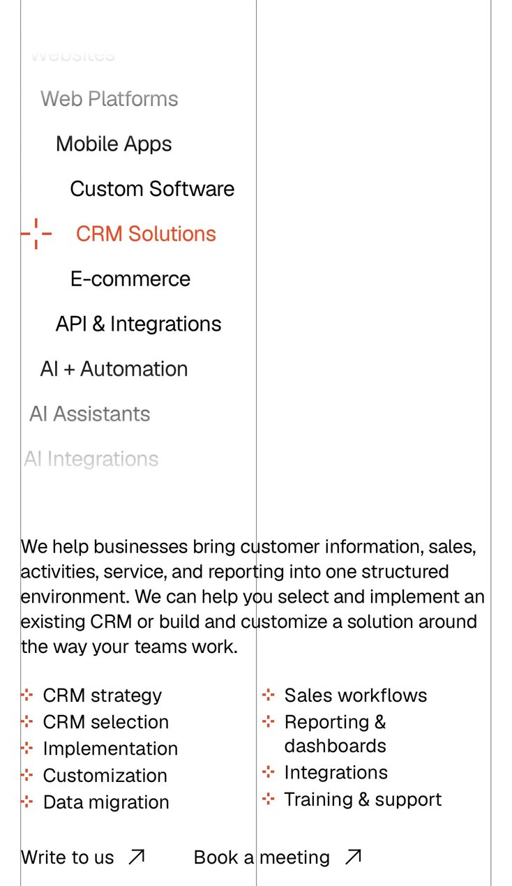 The services list on a phone, CRM Solutions in focus in orange, with its description, deliverables, Write to us and Book a meeting beneath