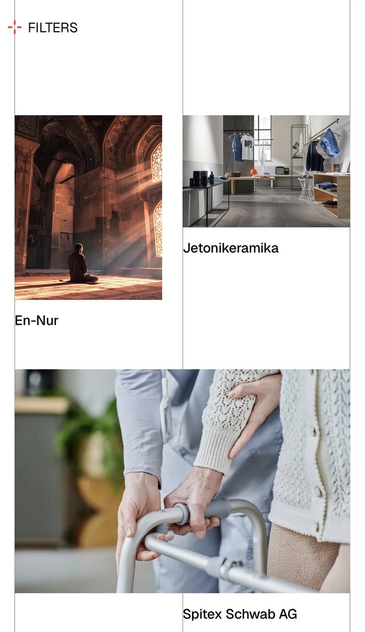 The Clients page on a phone: FILTERS above the case studies, En-Nur and Jetonikeramika side by side and Spitex Schwab AG across the width