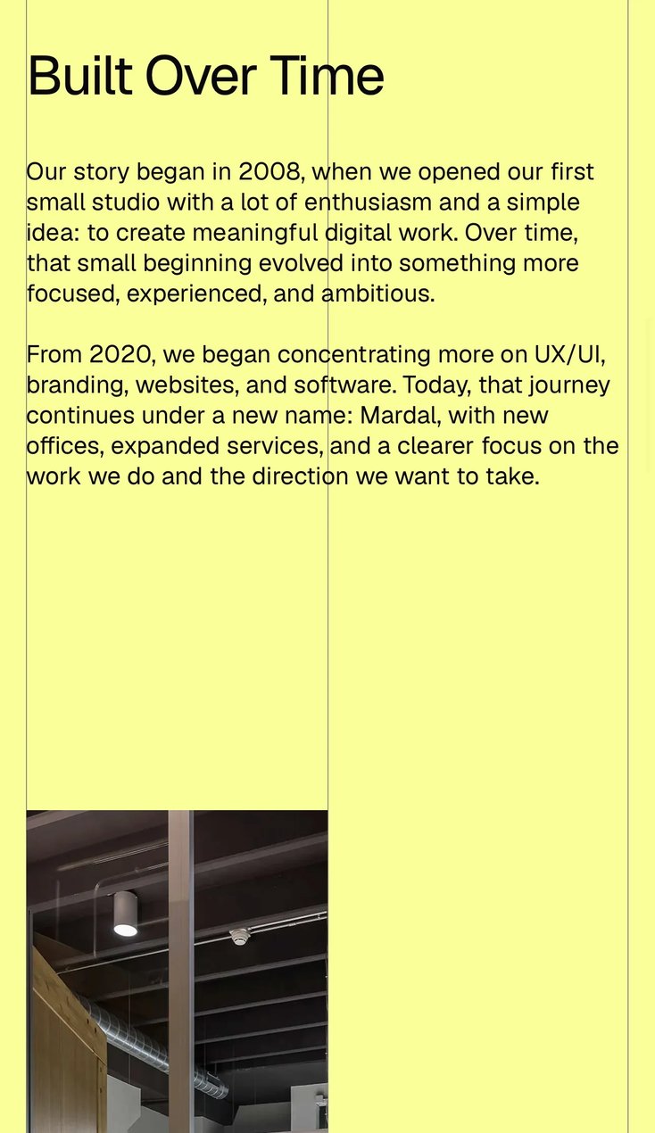The About page on a phone, on yellow: Built Over Time and the studio's story since 2008, above a photograph of an office
