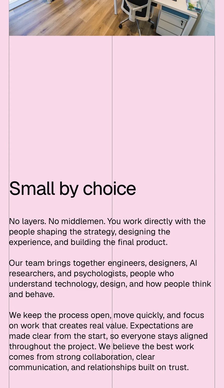 The About page on a phone, on pink: Small by choice and the text on how the team works