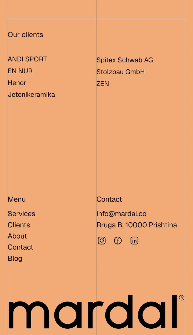 The footer on a phone, on orange: Our clients, the menu and the contact details in two columns, above the mardal wordmark