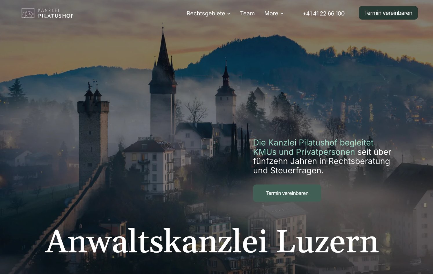 The home page: Lucerne's medieval towers at dusk under a dark green wash, with Anwaltskanzlei Luzern set large in white