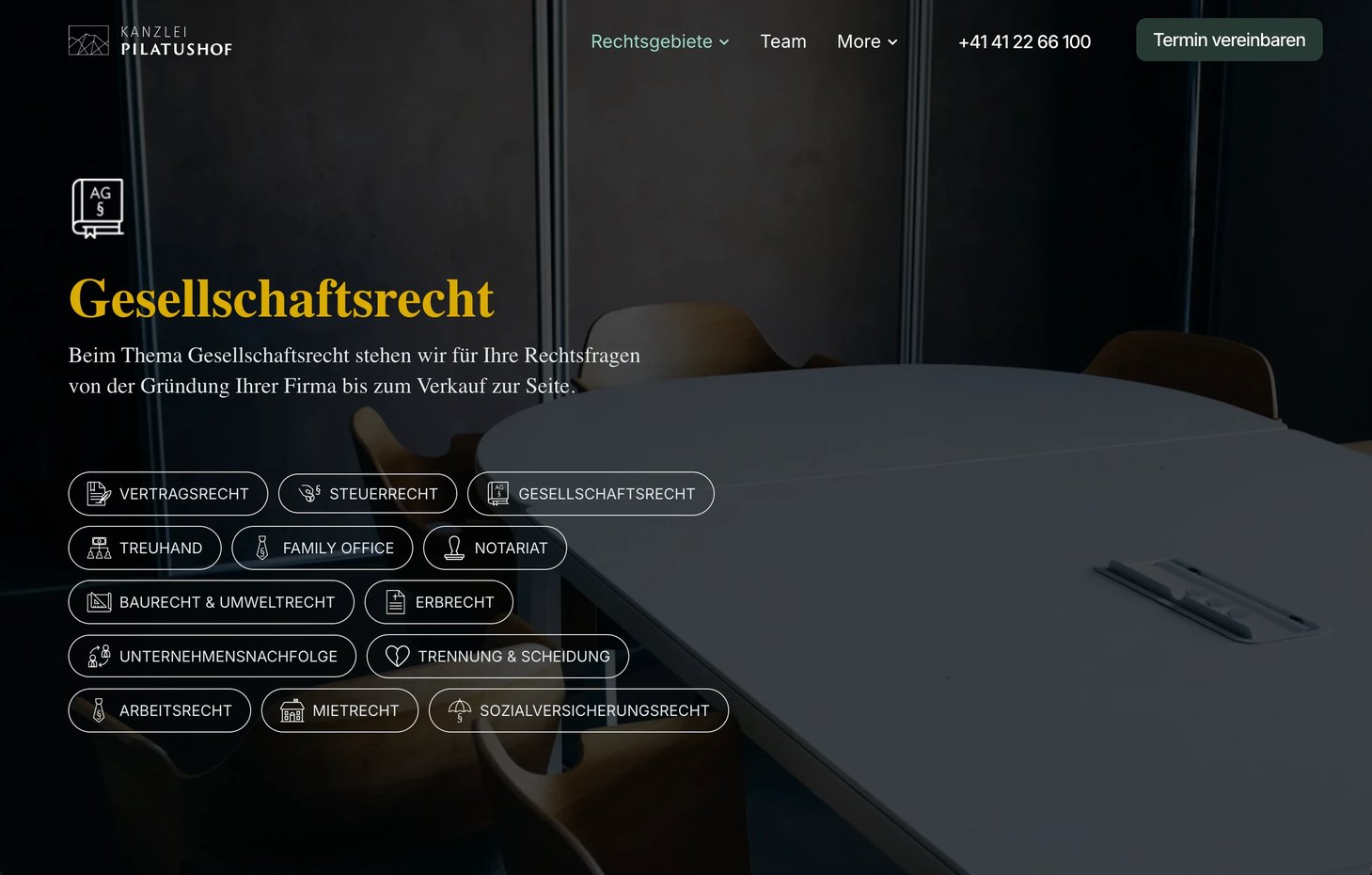 The Gesellschaftsrecht page: the area's name in gold over a darkened meeting room, above pill links to all thirteen practice areas