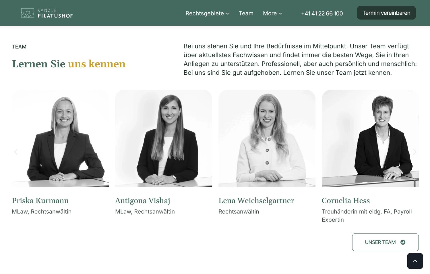 The team section: black-and-white portraits in cards with softly rounded tops, each name in the serif with the title below