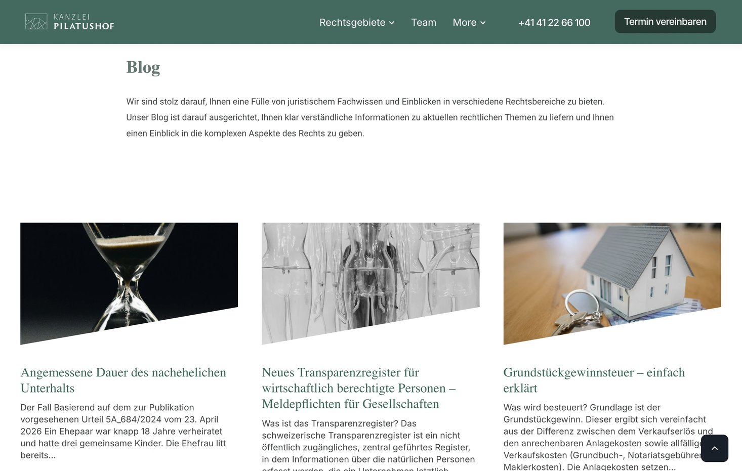 The blog: articles on legal topics, each under a photograph cut by a slanted lower edge