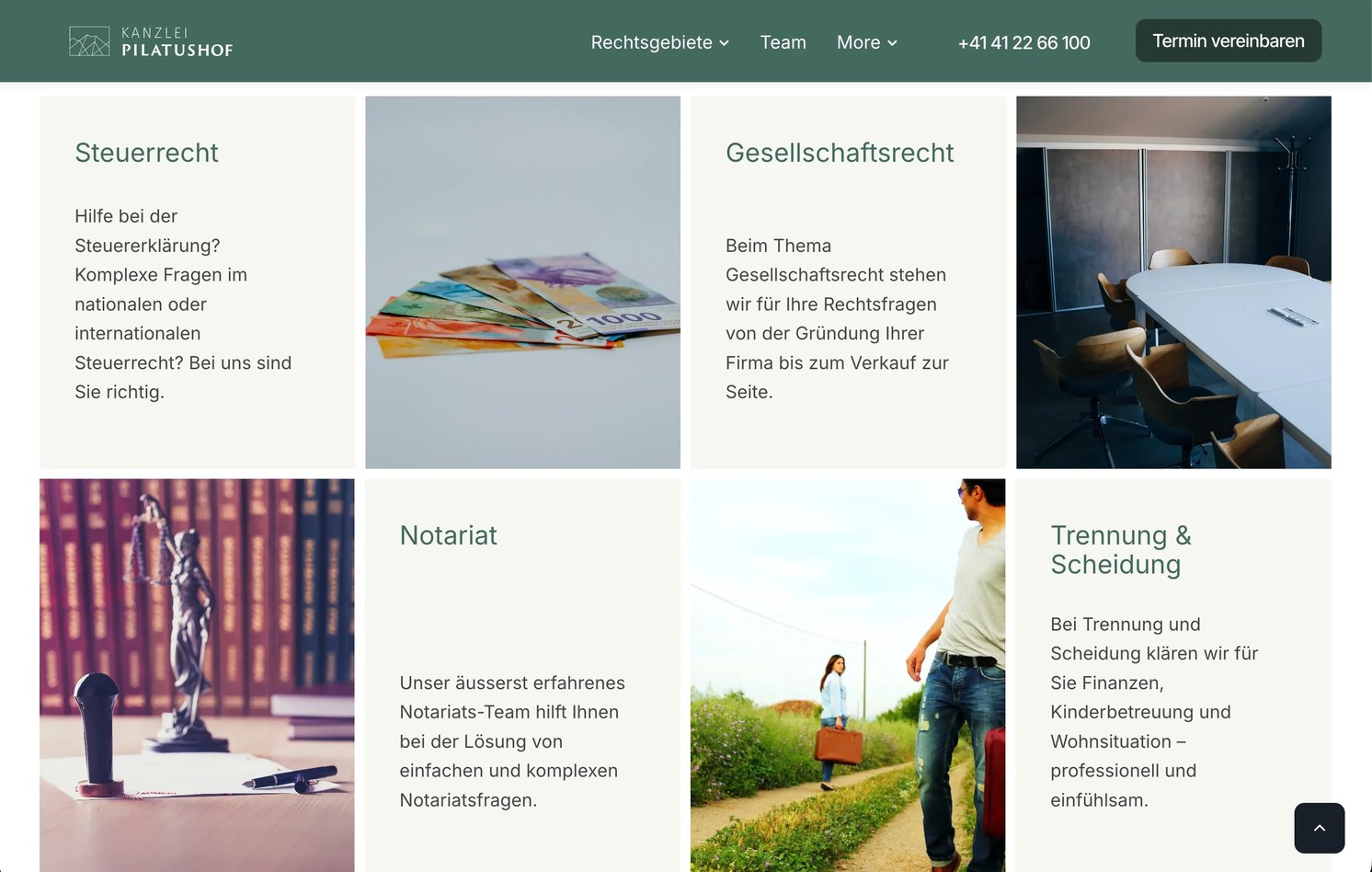 Practice areas on the home page: tiles with a short description, alternating with photographs