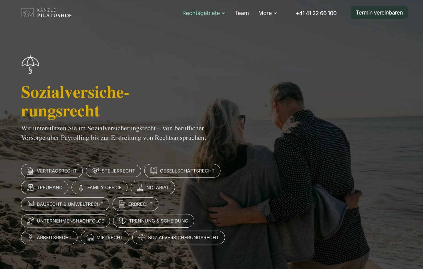 The Sozialversicherungsrecht page: its name in gold over a couple walking on a beach, with the practice-area pills below
