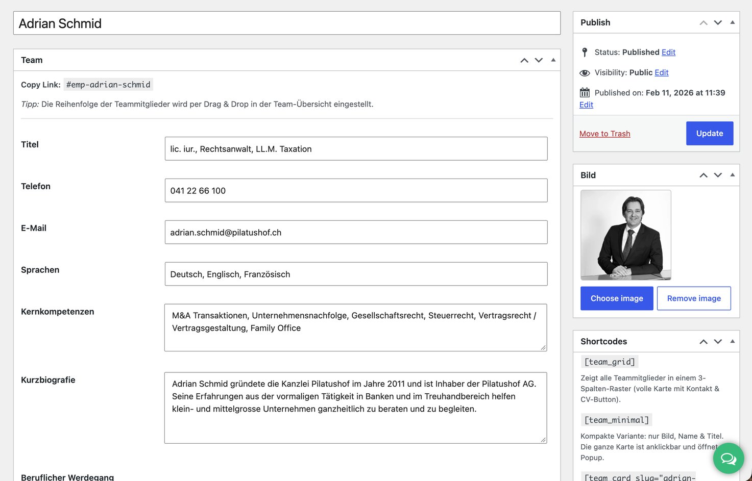 The team plugin in WordPress: one lawyer's record with title, phone, email, languages, core competencies, short biography, portrait and the shortcodes