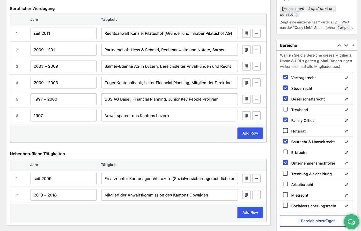 The career tables with add, copy and remove controls, beside the thirteen practice areas as checkboxes