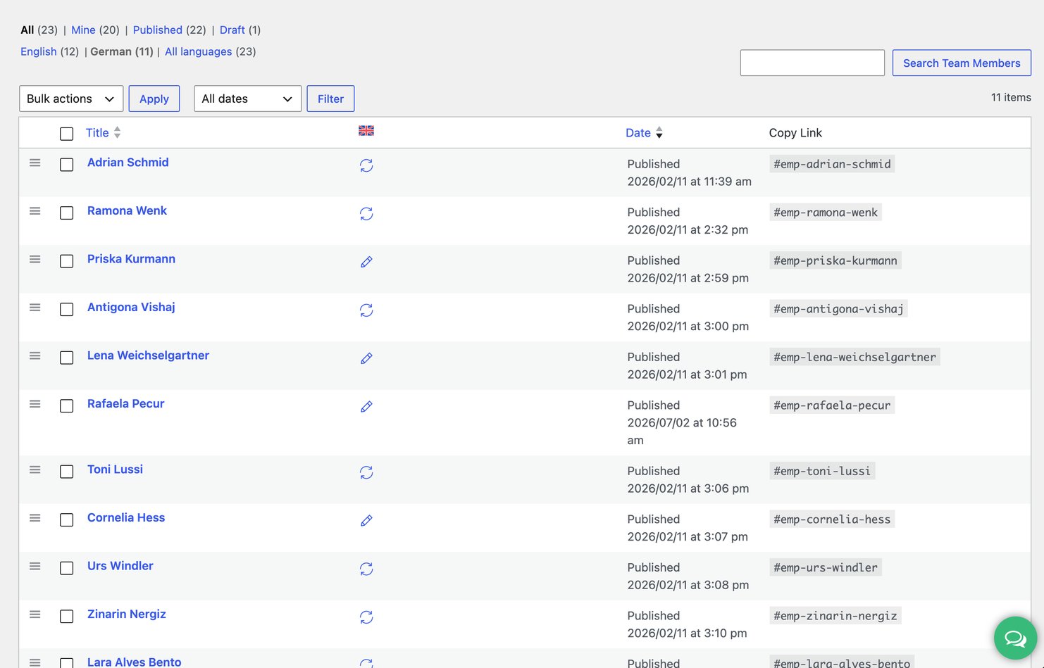 The team list in WordPress: drag handles for the order, the English translation status of each person and their #emp- anchor