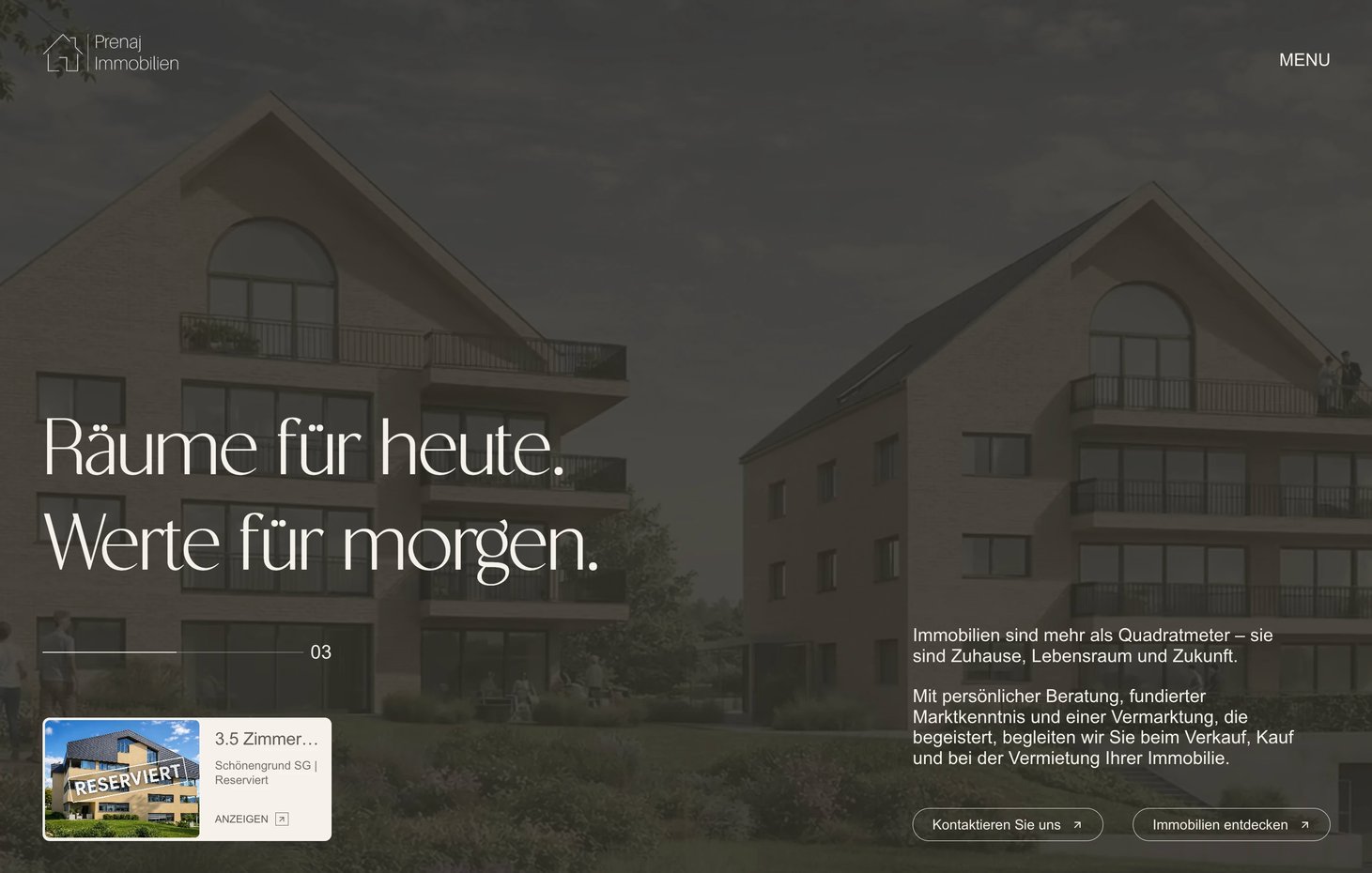 The home page: Räume für heute. Werte für morgen. over new-build apartment houses under a dark overlay, with the live card of a reserved property in the corner
