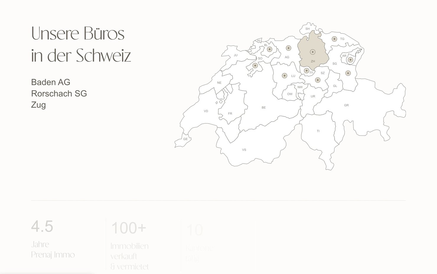 Unsere Büros in der Schweiz: Baden, Rorschach and Zug beside a map of all twenty-six cantons, with markers on the ones that have properties