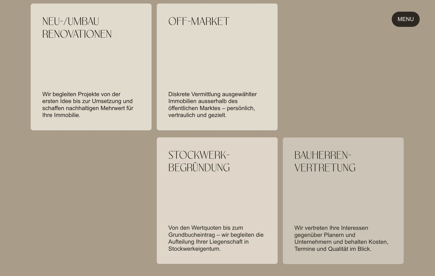 Service cards on taupe, each title in the hairline capitals: Neu-/Umbau Renovationen, Off-Market, Stockwerkbegründung and Bauherrenvertretung