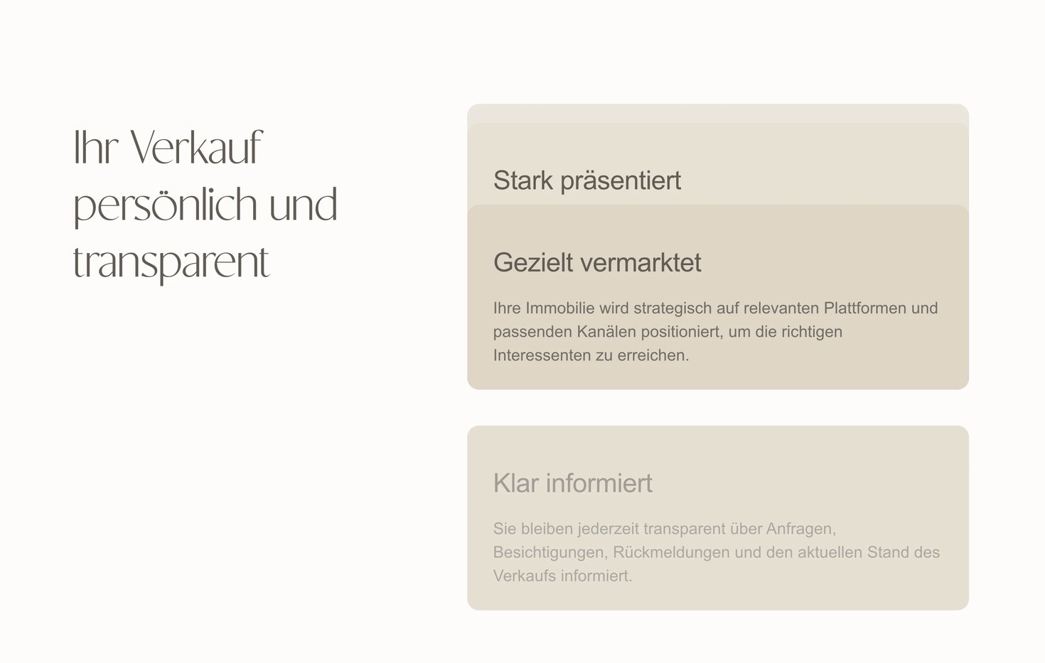 Ihr Verkauf persönlich und transparent, beside cards that stack on scroll: Stark präsentiert, Gezielt vermarktet and Klar informiert