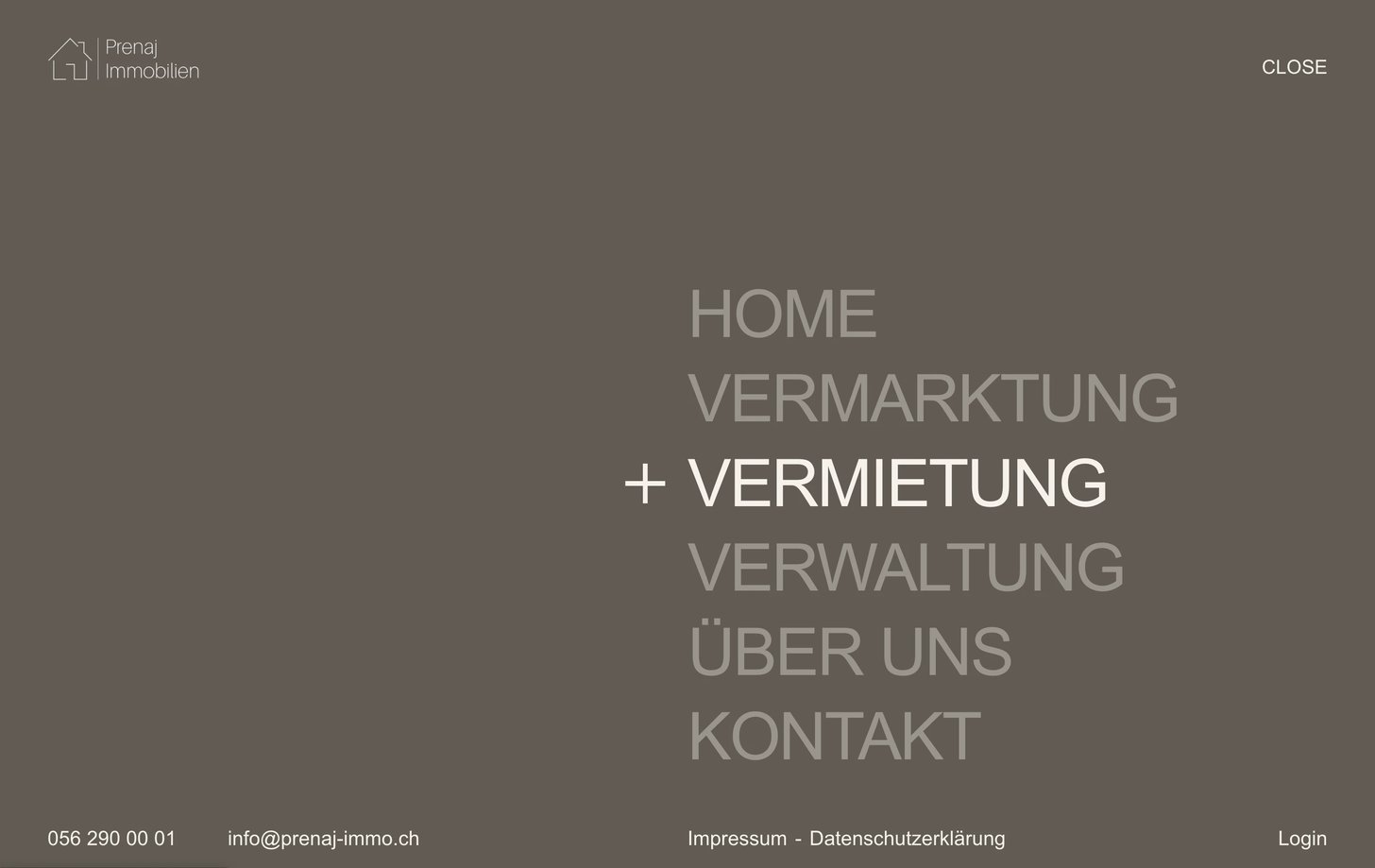 The full-screen menu: six words in large capitals on taupe, with a plus beside the active Vermietung