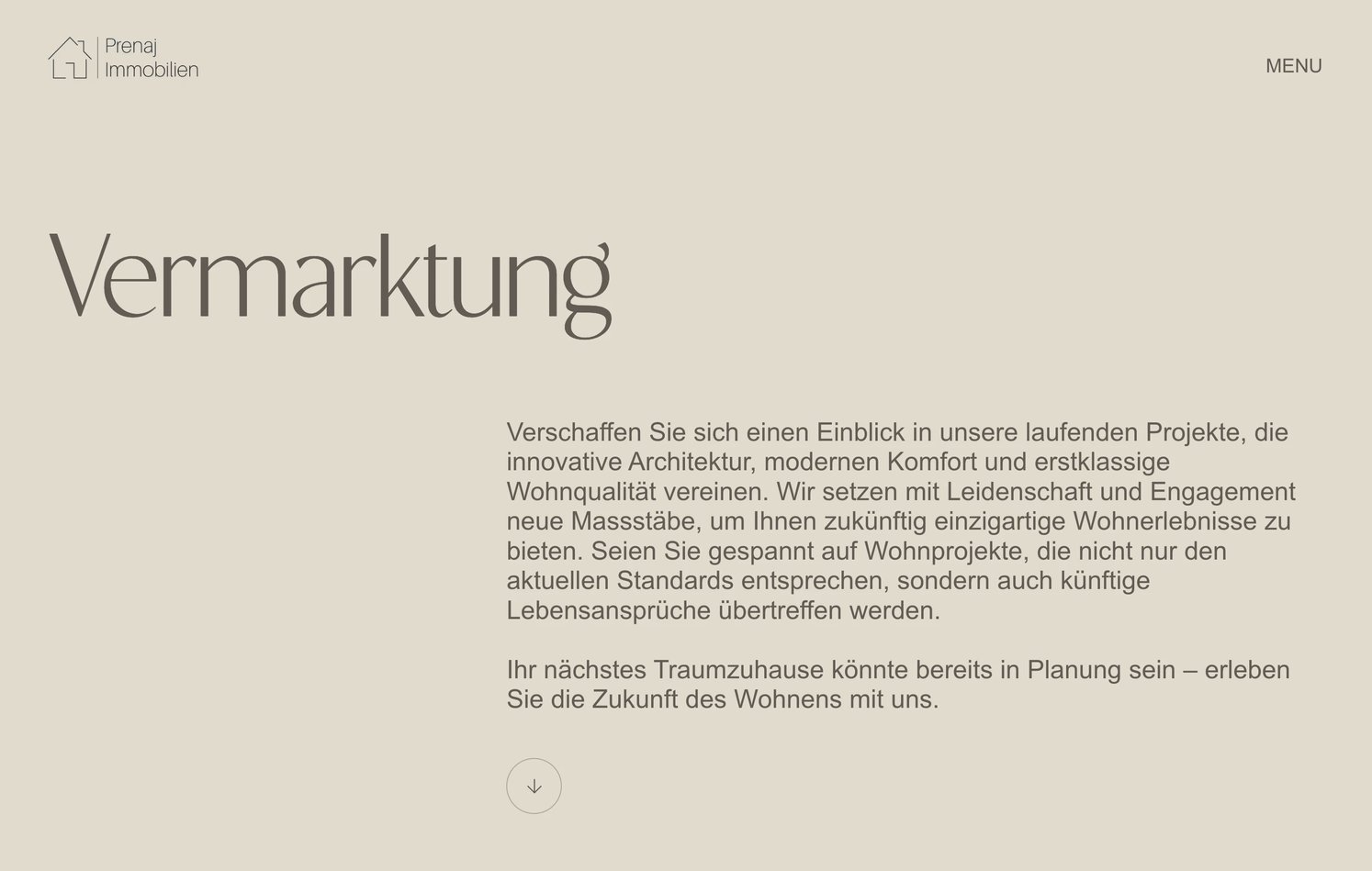The Vermarktung page: its name in the hairline display face on greige, above the introduction and a round arrow button