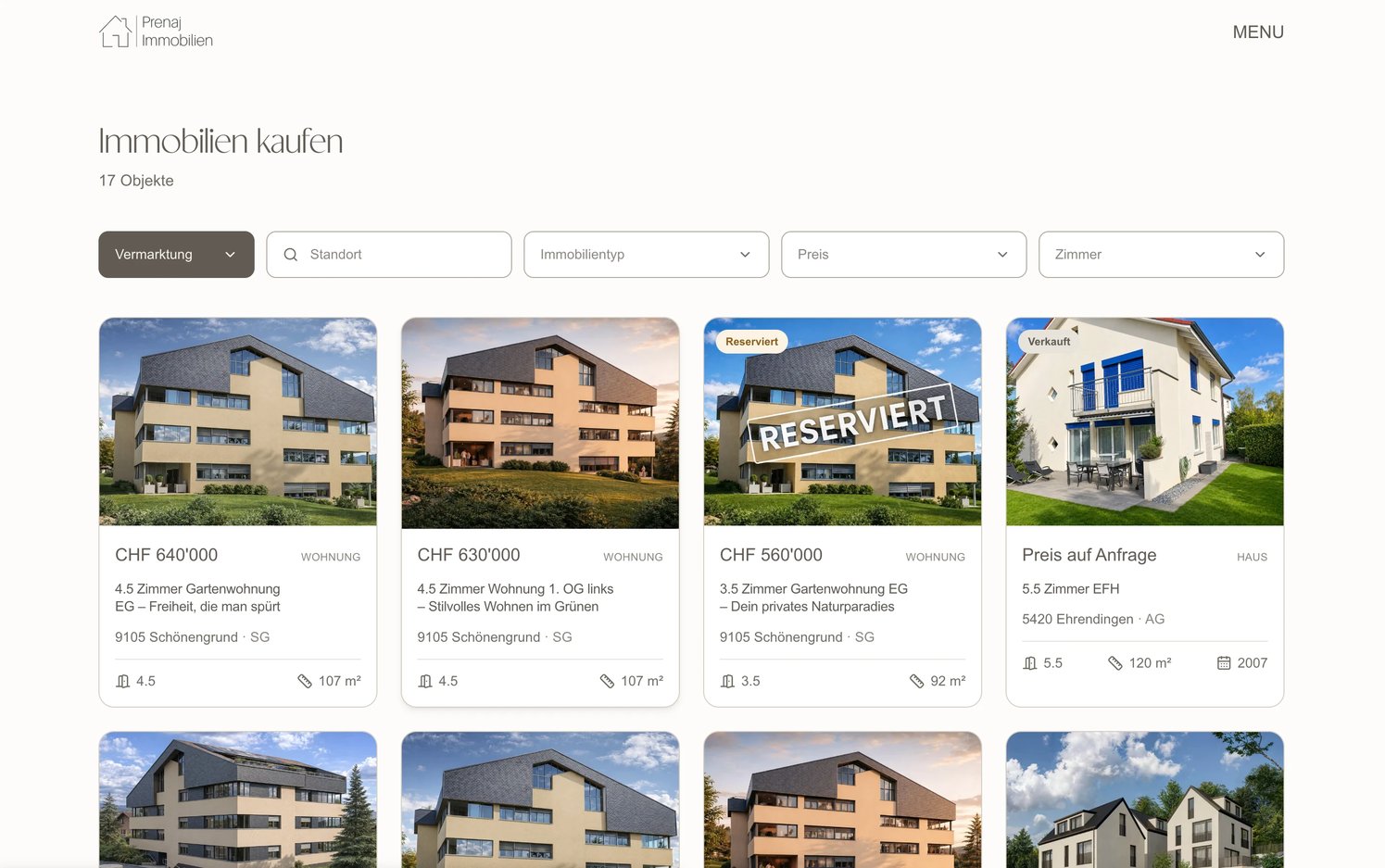 Immobilien kaufen: five filters above property cards with price, type, title, place, rooms and living area, one stamped Reserviert and one marked Verkauft