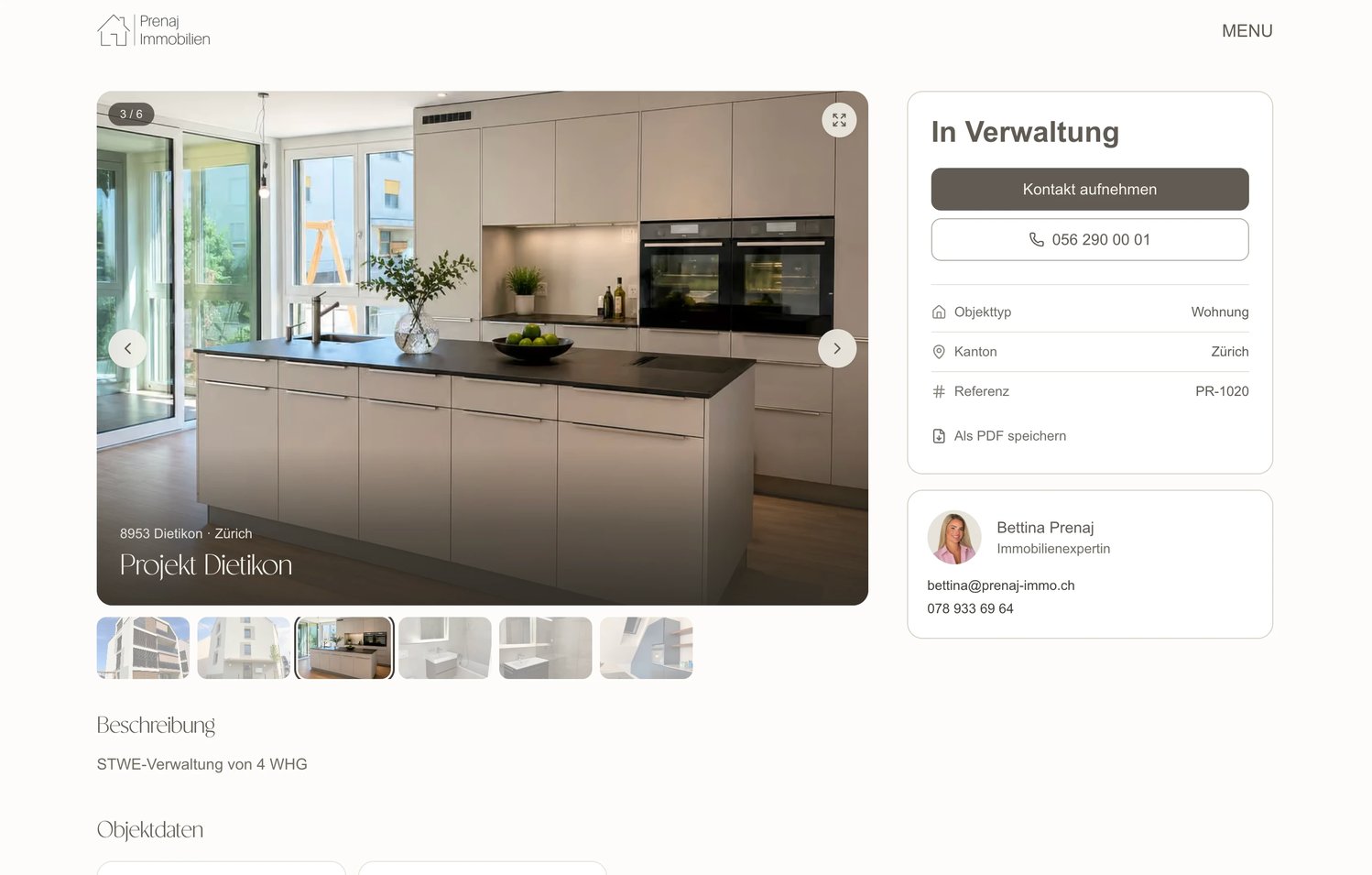 A property page: the gallery with thumbnails, the facts panel with the contact button, phone number, reference and Als PDF speichern, and the agent's card