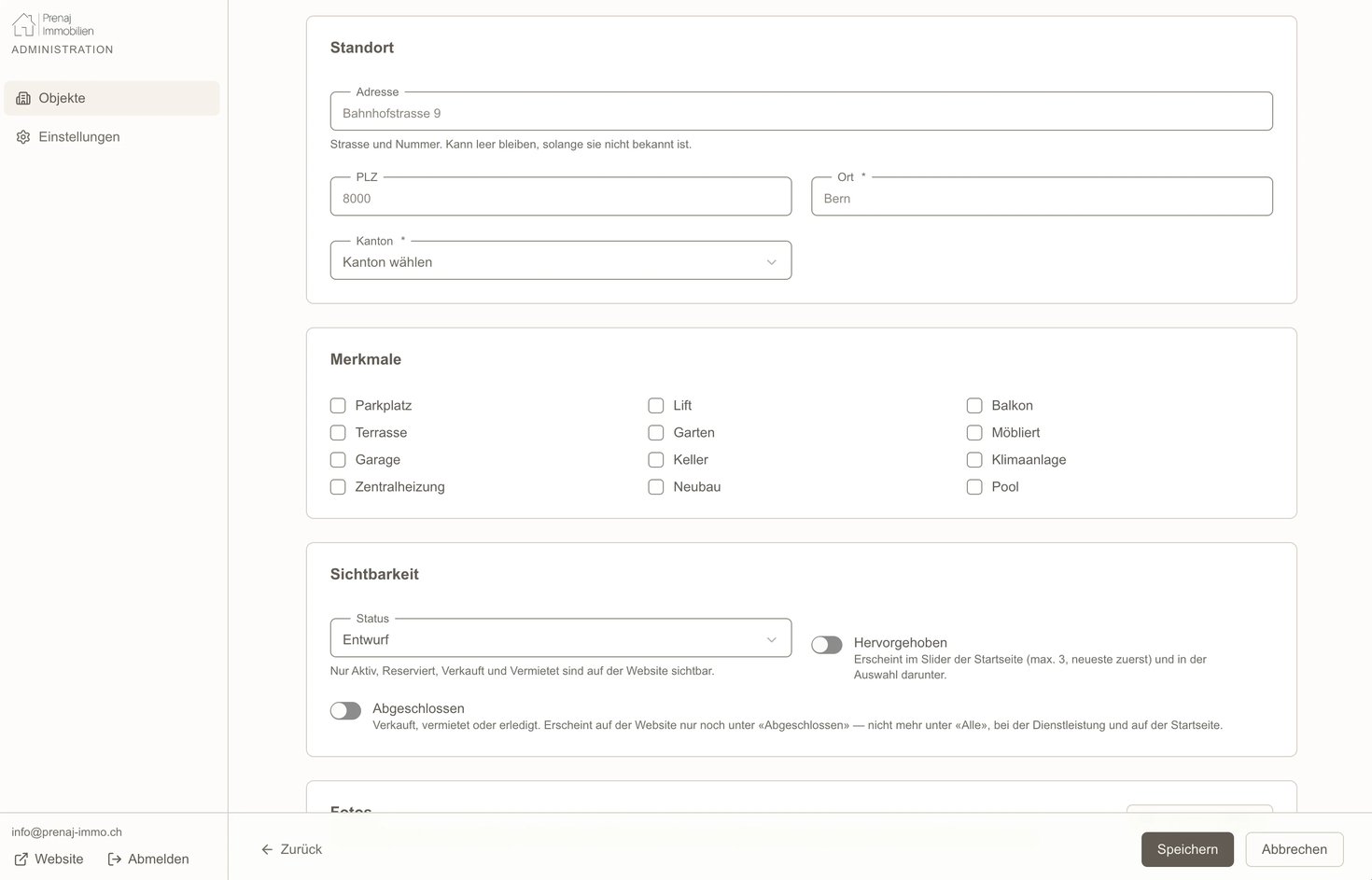 Further down the form: address, postcode, town and canton, twelve feature checkboxes, and the visibility controls with a line of German under each