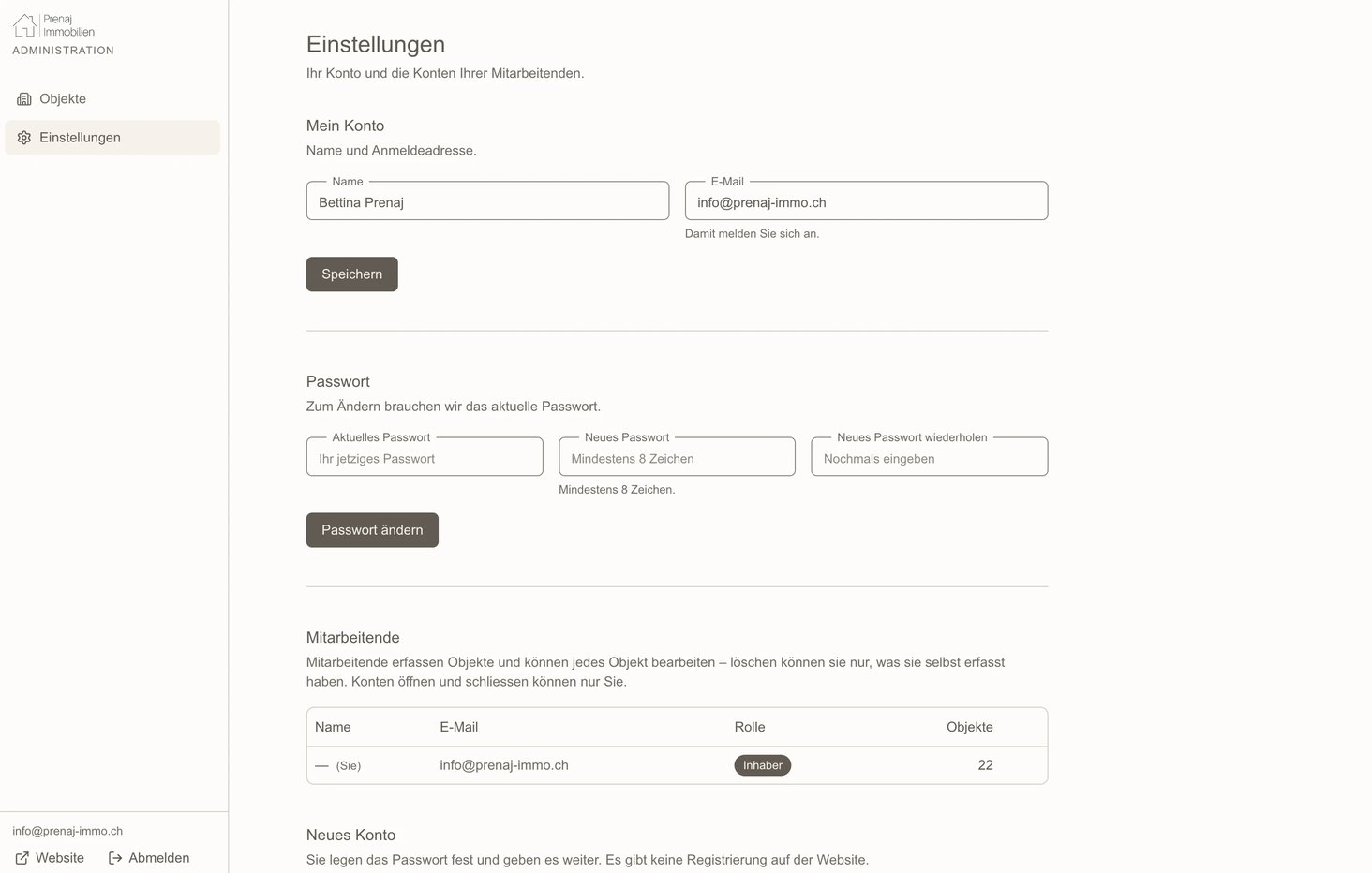 Einstellungen: the owner's account and password, the list of team accounts with their roles, and a new account set up by the owner